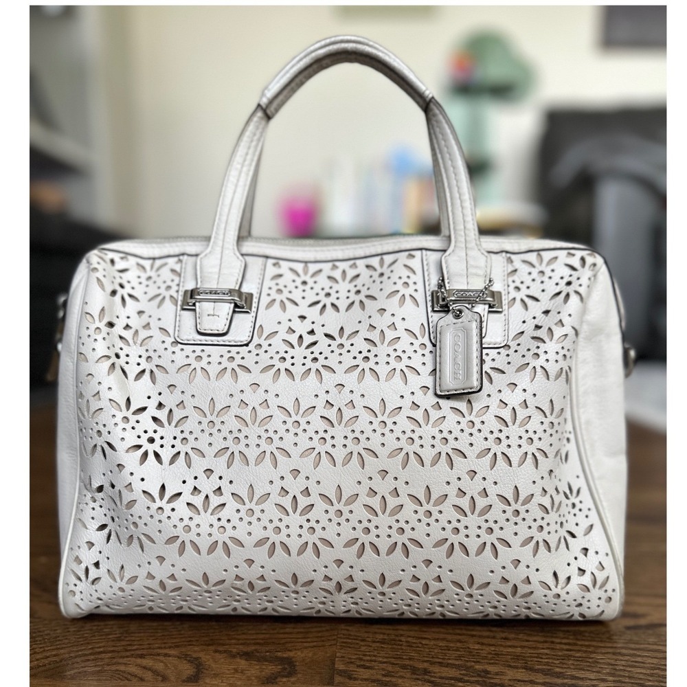Coach Taylor Eyelet Leather Satchel Women Medium Ivory Laser Cut Boho Luxe